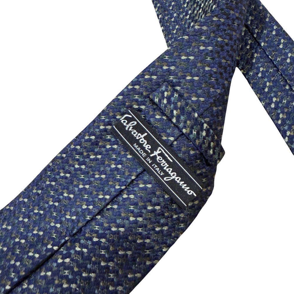 Salvatore Ferragamo Mens Silk Tie Navy Blue Green Geometric Made in Italy